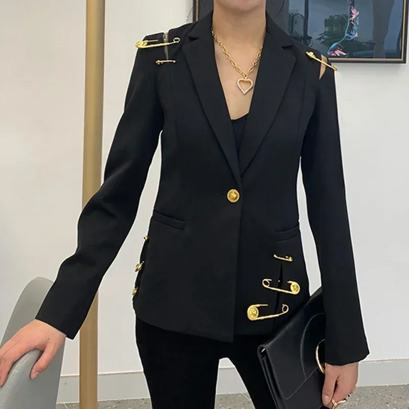 Fall Winter New Fashion 2024 Runway Women\'s Hollow Out Mesh Spliced Jackets Full Sleeve Buttons Pin Black Blazer Outerwear