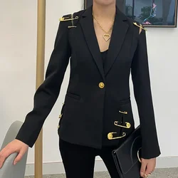 Fall Winter New Fashion 2024 Runway Women's Hollow Out Mesh Spliced Jackets Full Sleeve Buttons Pin Black Blazer Outerwear