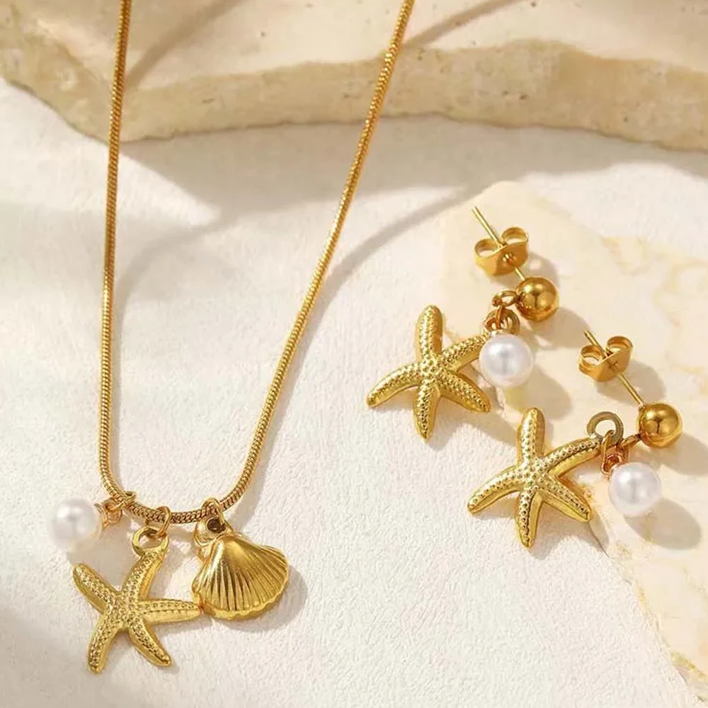 Pendientes colgantes de cangrejo y estrella de mar de concha de acero inoxidable de Color dorado de verano 2025 para mujer, aro de playa y océano
