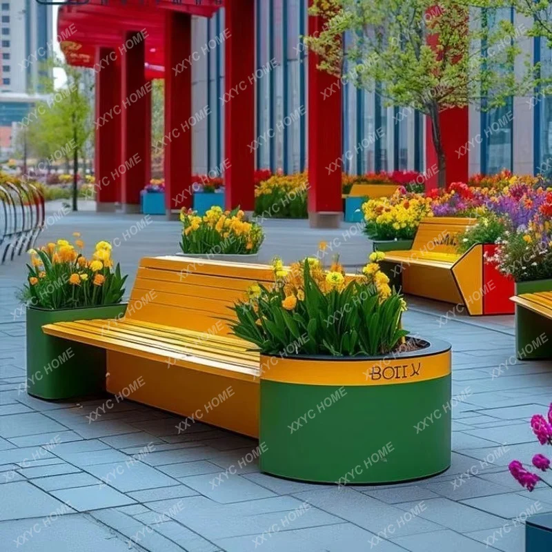 XXMall Outdoor Rest Area Planter Bench Set Pedestrian Street Flower Trough Planter Wrought Iron Flower Bed terraza muebles