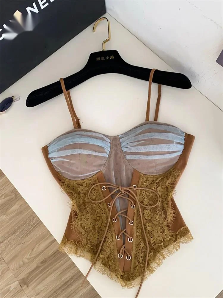 Hot Girl Clubwear Tank Top Summer Lace Up Tummy Control Hotsweet Female Lingerie Top Chic Clean Girl Lace Sexy Bustier