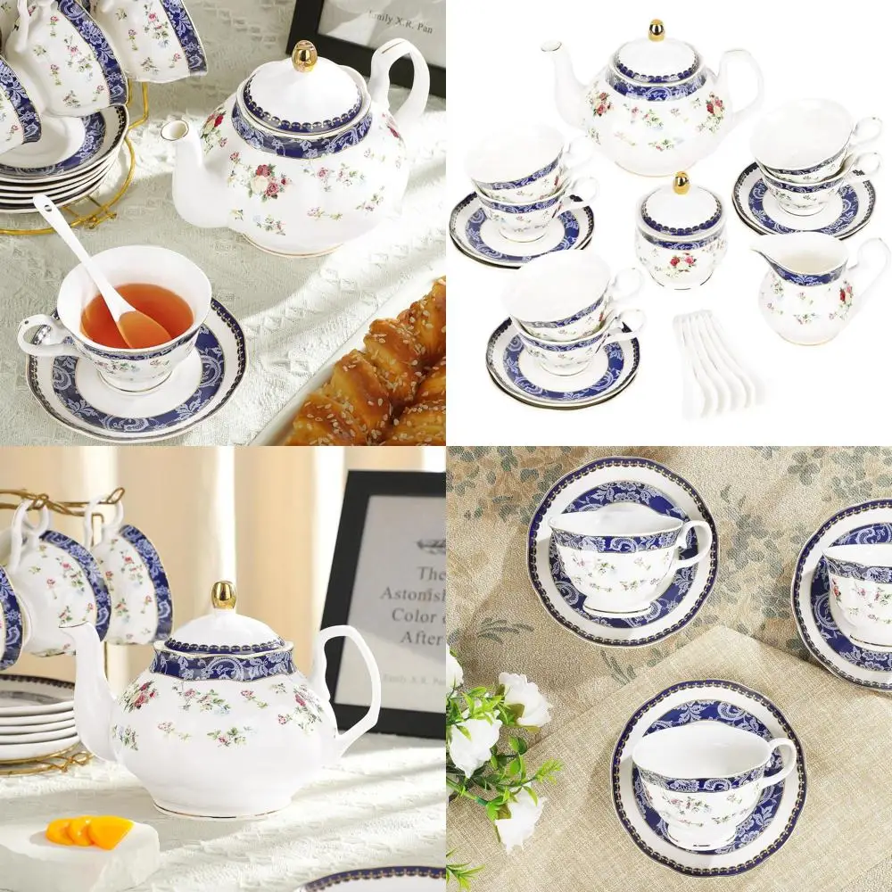 

Blue Lace and Roses 21-Piece Porcelain Tea Set with Sugar Bowl & Creamer for Adult Women's Tea Parties