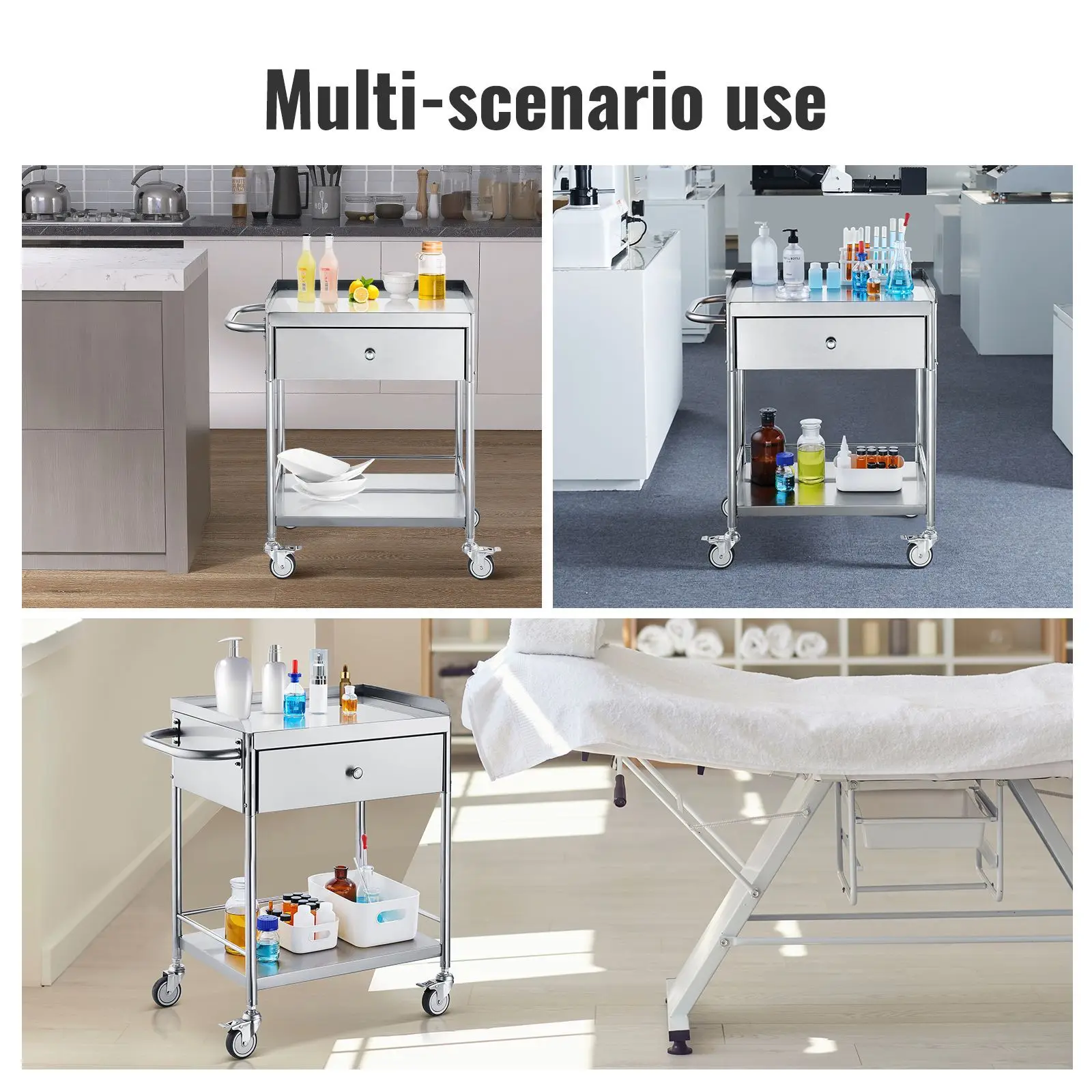 Medical Cart, 2-Layer Stainless Steel Cart 220 lbs Weight Capacity, Lab Utility Cart with 360° Silent Wheels and a Drawer for La