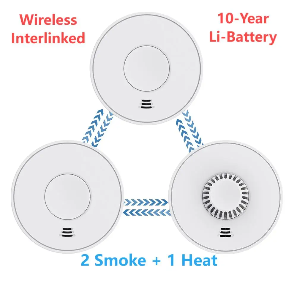 接続された煙と熱アラーム,ワイヤレス,10年間の密閉型リチウム電池,家庭用,CE, 2つの煙と1つの熱