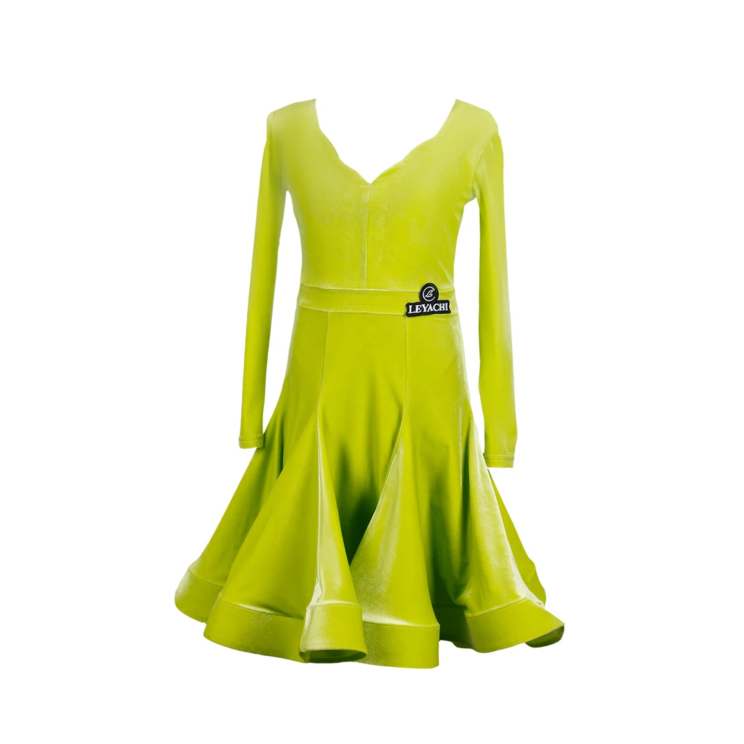 Vestido de terciopelo verde de competición de baile latino para niños, traje de baile de ChaCha, traje de falda, ropa de práctica de Samba Rumba, YS4560