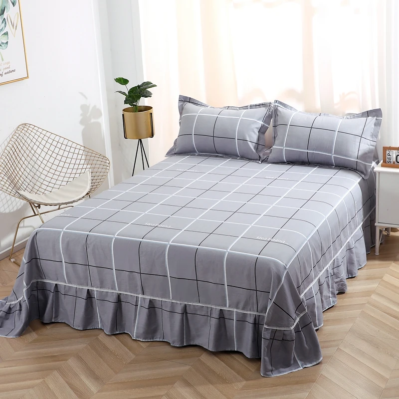 Simple Plaid Pattern Bed Skirt Set 3Pcs Cotton Bedding Home Bedroom Light Luxury Decor Breathable Skin-friendly Machine Washable