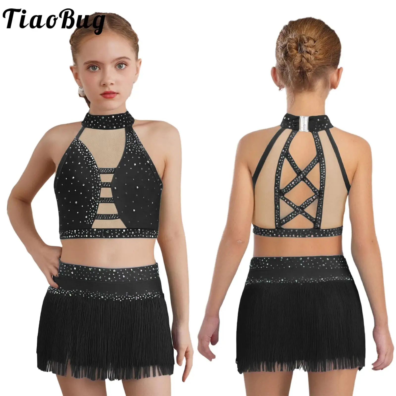 

Kids Girls Latin Dance Performance Costume Figure Skating Samba Cha-cha Dance Sets Sleeveless Rhinestones Vest with Tassel Skirt
