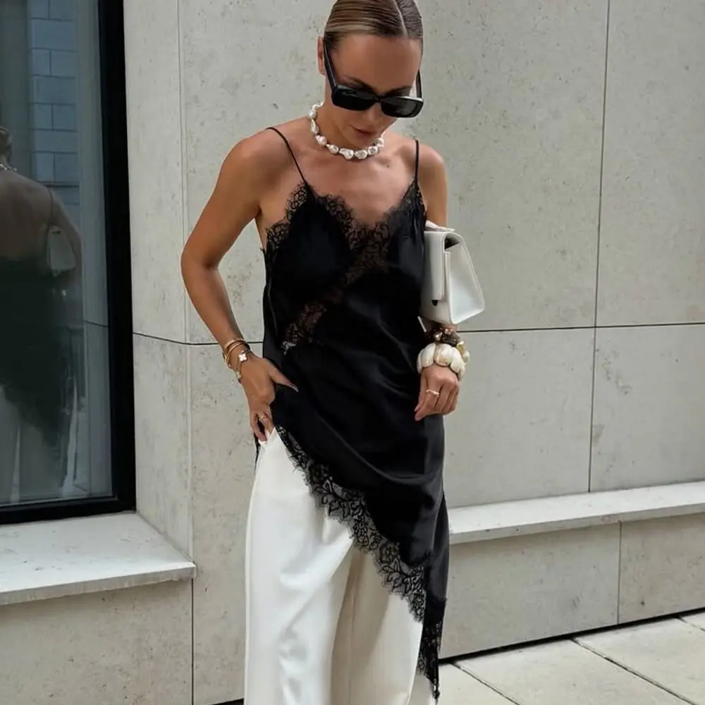 เดรสลูกไม้ผ้าซาตินแฟชั่นสำหรับผู้หญิง ดีไซน์ไม่สมมาตร เซ็กซี่ แขนกุด หรูหรา สไตล์มินิเดรส สำหรับงานปาร์ตี้