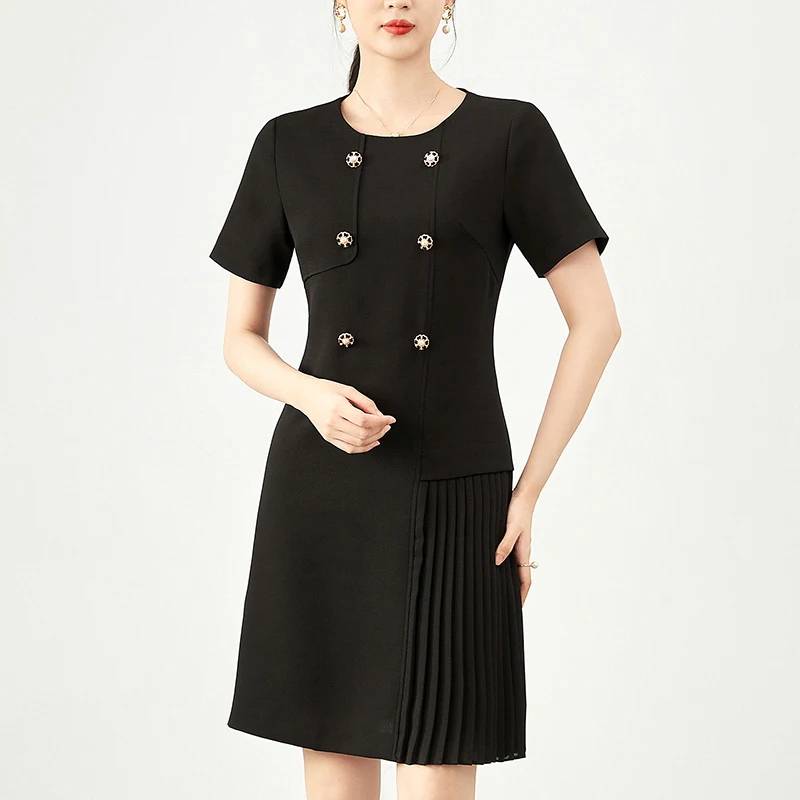 

Elegant Fashion Dresses For Formal Occasions Women 2024 Summer Short Sleeve Black Women's Clothing Office Lady Pleated Dress