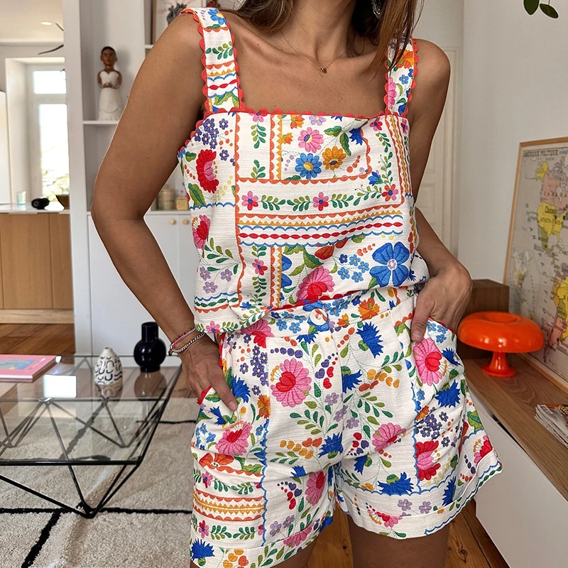Sexy Off Shoulder Sling Tops & Short Pant Suit Women Casual Sleeveless Pocket Bohemian Outfit Elegant Flower Print Loose 2Pc Set
