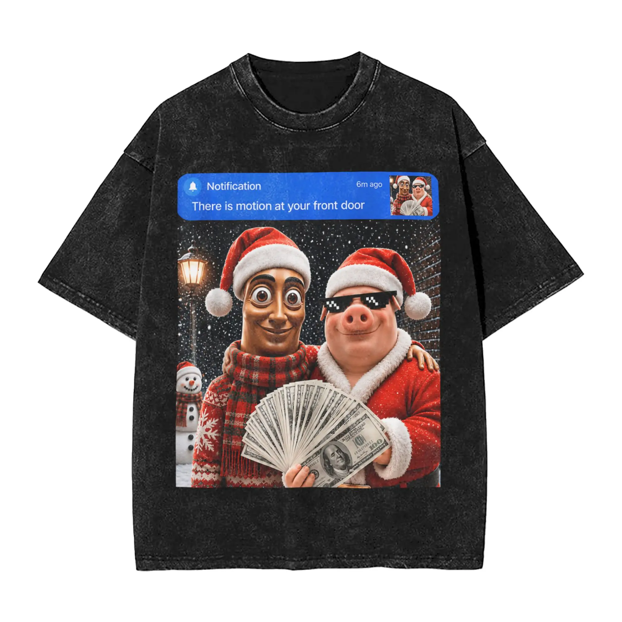 John Pork and Tung Tung Sahur Front Door Motion Chirstmas Washed T Shirt Mens Awesome Casual T Shirts Beach Harajuku Tee Shirt