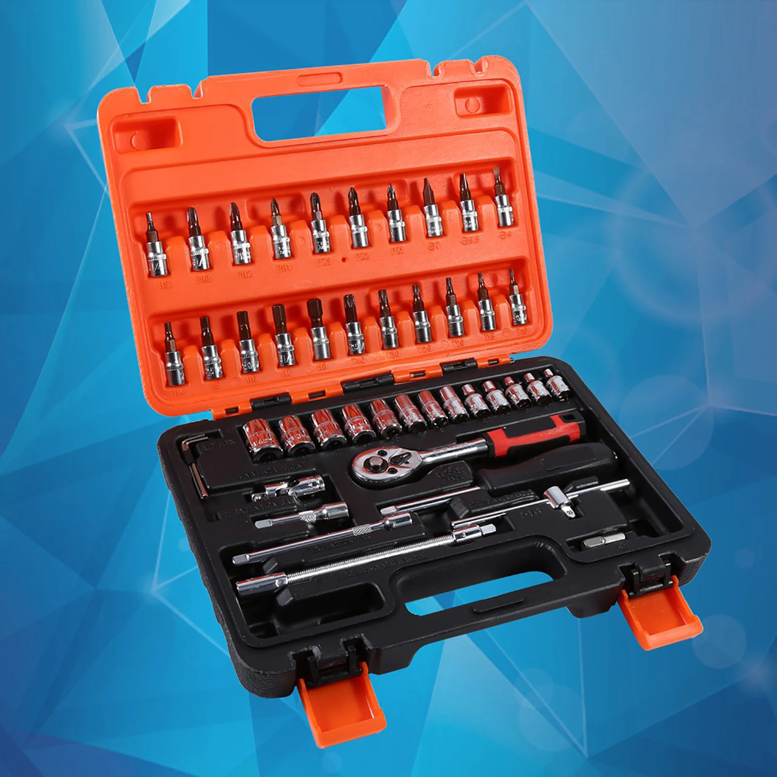 Set Kunci Soket 46 pcs 1/4 inci dengan Batang Ekstensi Metrik, Kotak, dan Ratchet