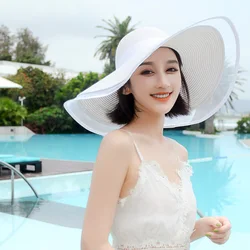 Summer White Sun Hat Oversized Brim Sunscreen Floppy Beach Hat Women's Straw Hat Sunshade Seaside Holiday Lace Brim Wholesale