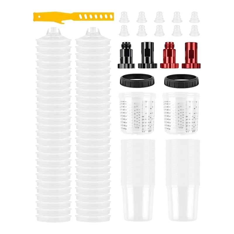 Paint Mixing Cup System 20 Oz-50 Paint Cups With Lids,2 Hard Cups With Retaining Rings,10 Plugs,4 Adapters Paint Stirrer