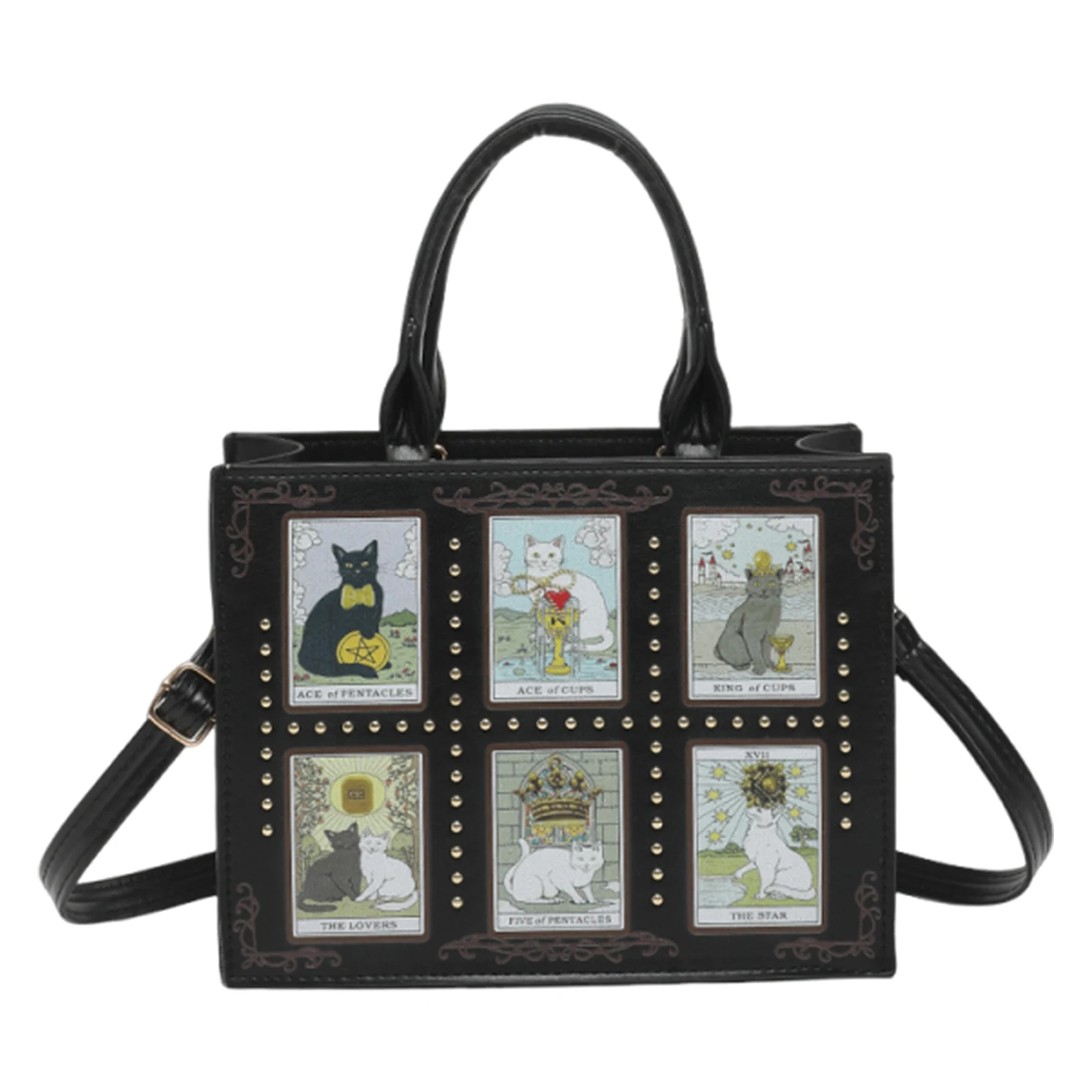 Quadratische Tragetasche für Damen mit verstellbarem Riemen, Umhängetasche aus PU-Leder mit Katzenmotiv und Reißverschluss, Handtasche für Pendler und Verabredungen – Detail 9