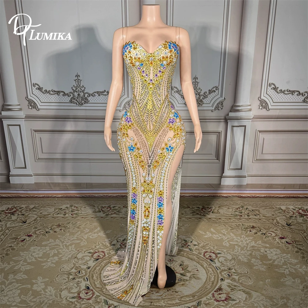 ชุดราตรีลูกปัดหรูหรา DTLumika สำหรับผู้หญิง ปี 2026 ชุดออกงานพรอม ภาพจริง ผ่าข้างสูง ชุดสำหรับโอกาสพิเศษ