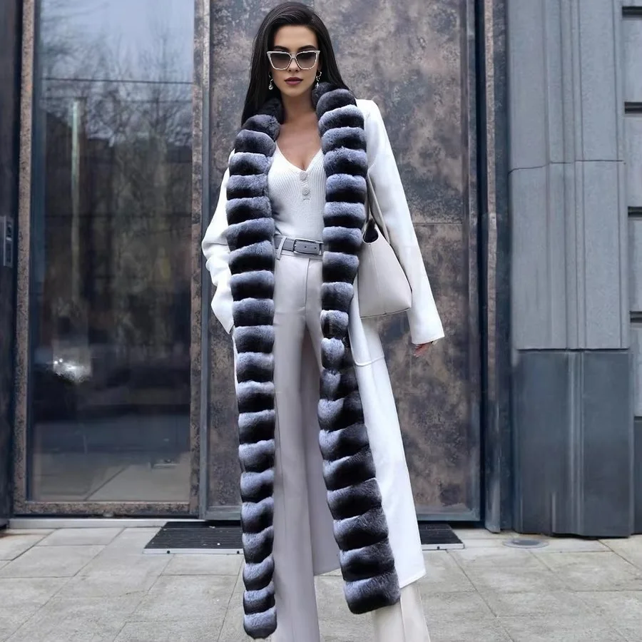 

White Wool Coats For Women Cashmere Coat With Rabbit Fur Collar 2024 Winter High Quality Wool Jackets Women