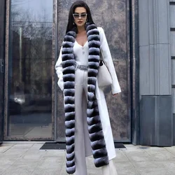 Abrigos de lana blancos para mujer, abrigo de Cachemira con cuello de piel de conejo, chaquetas de lana de alta calidad para mujer, Invierno 2024