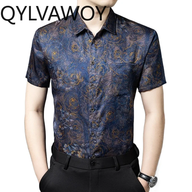 

QYLVAWOY 100% Натуральные шелковые мужские рубашки из тутового шелкопряда, летние топы 2026 года, высококачественные рубашки Xiangyunsha с коротким рукавом для мужчин, с отложным воротником