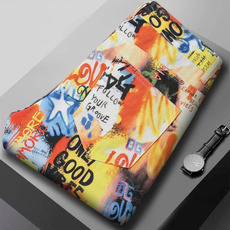 Hommes mode polyvalent imprimé cravate colorant pantalon hommes Baggy jambe droite jambe large haute rue Denim pantalon classique jaune pantalons de survêtement