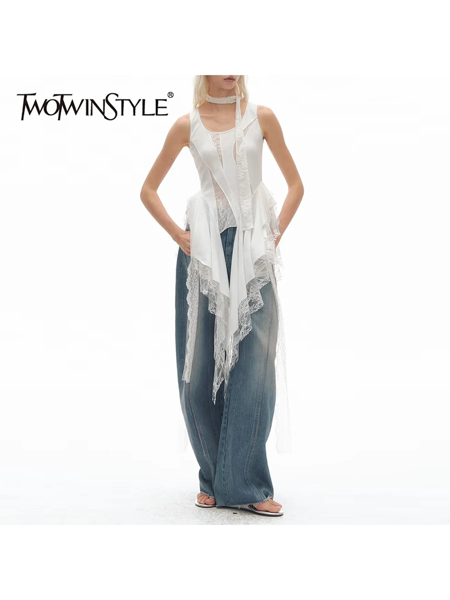 

TWOTWINSTYLE Solid Sheer Spliced Lace Irregular Vests for Women Square Neck Sleeveless Patchwork Ruched Fashion Vest Female New