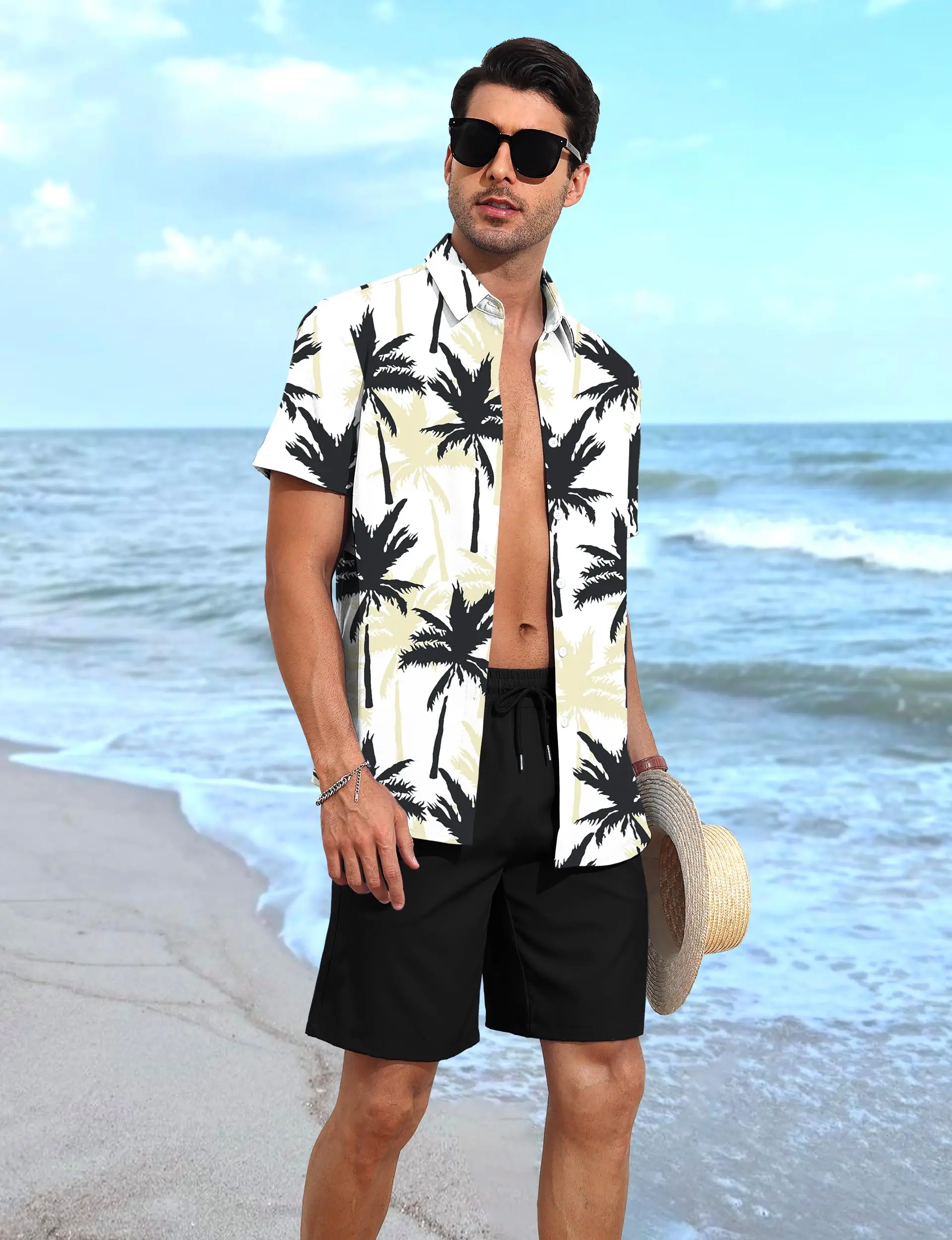 

Hawaiian Men Shirt And shorts Set 3D printed lapel summer striped short-sleeved daily vacation breathable casual and comfortable