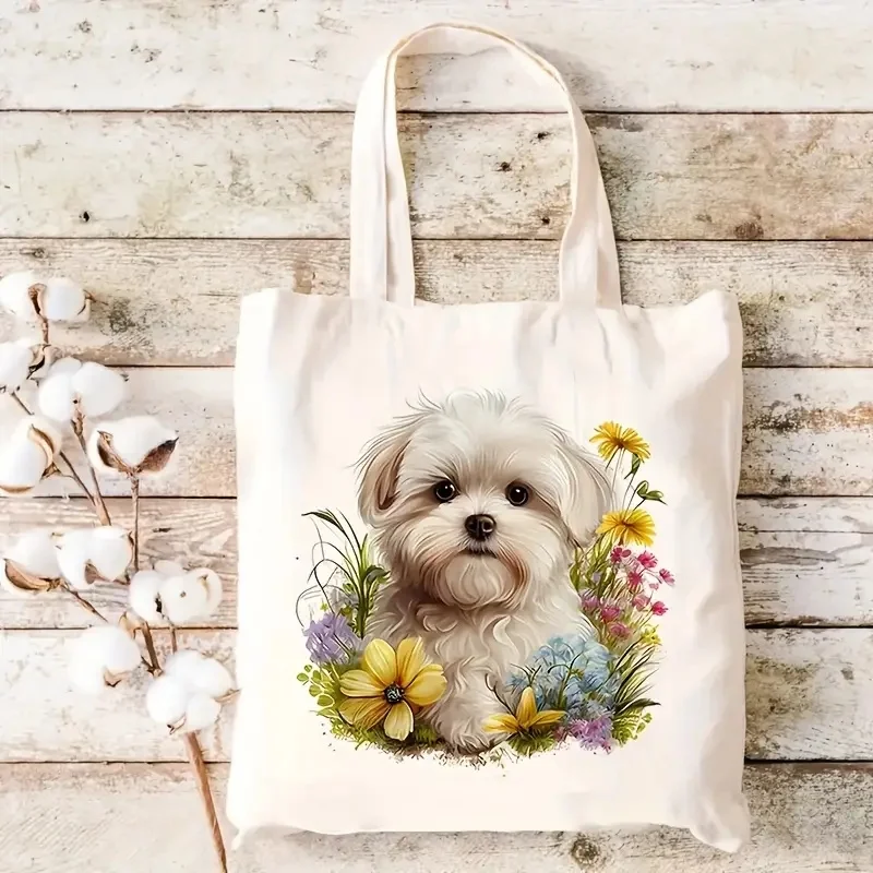 Cute Dog Pattern Tote Bag Grocery Shopping Bag Multifunctional Double Sided Printed Handbag Storage Bag