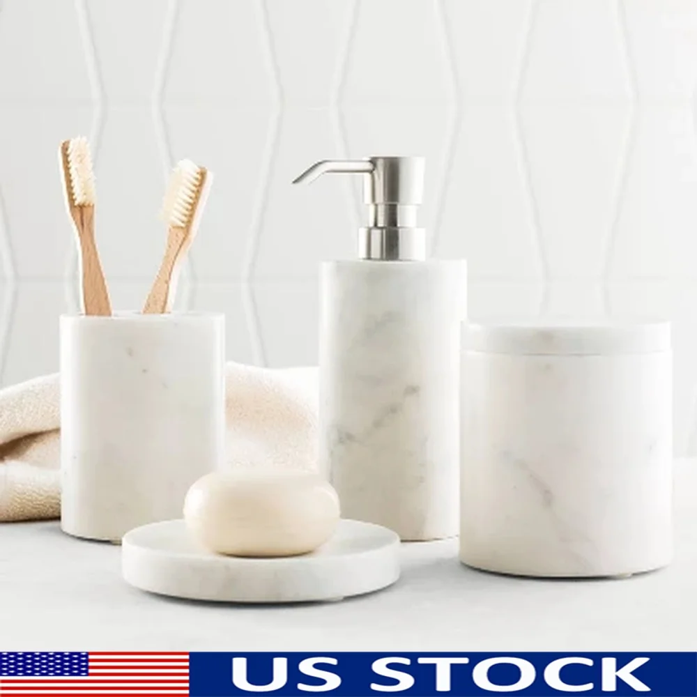 

4pc Marble Bath Coordinate Set Soap Dish Toothbrush Holder Soap Lotion Dispenser Bath Canister Bathroom Accessories