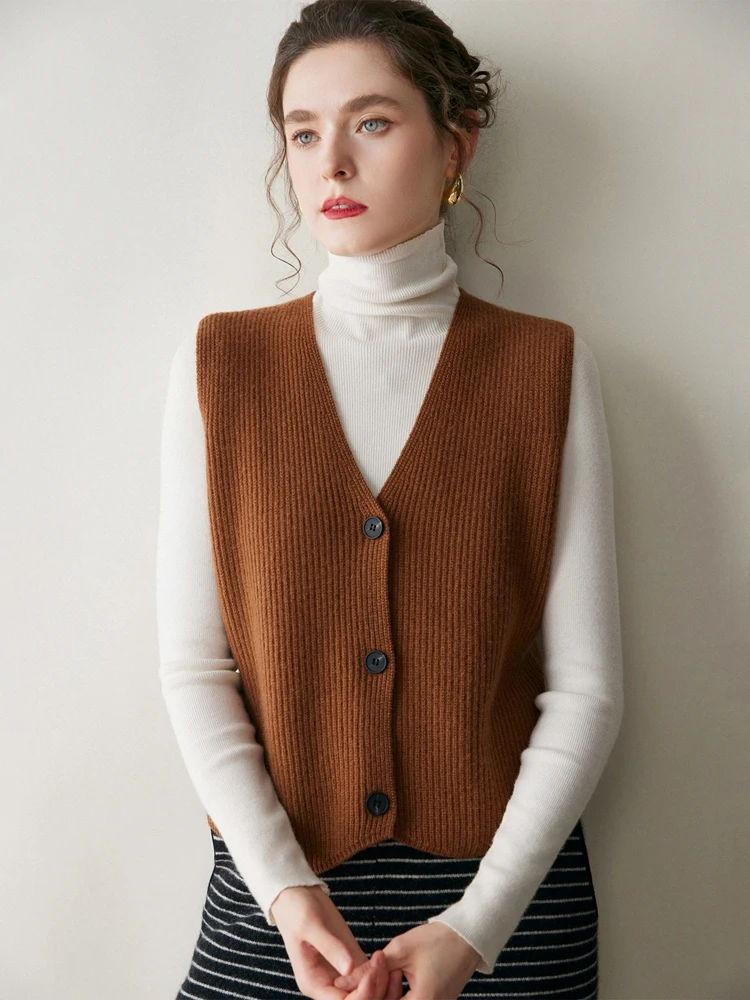 New Women's 100% Pure Cashmere Cardigan Vest V-neck Sleeveless Autumn Winter Simple Soild Knit Waistcoat High-end Outwear Basic