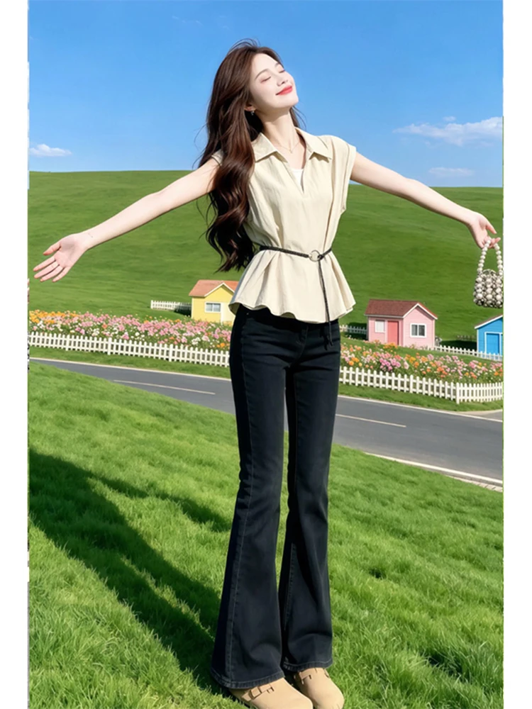

Loose Fit Commuter Sleeveless Top Summer Lightweight Classic Collar Drawstring Design Versatile Casual Style Women's T-shirt