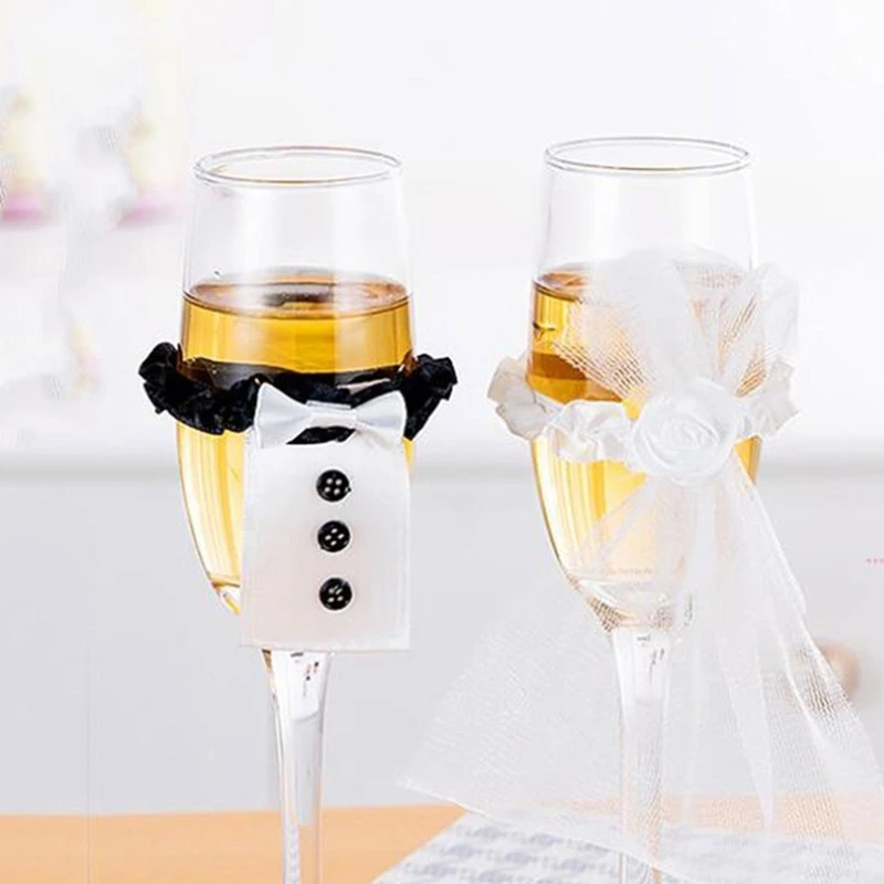 Wedding Wine Champagne Glasses Cup Set Bride And Groom Black White Dress Decor DropShip