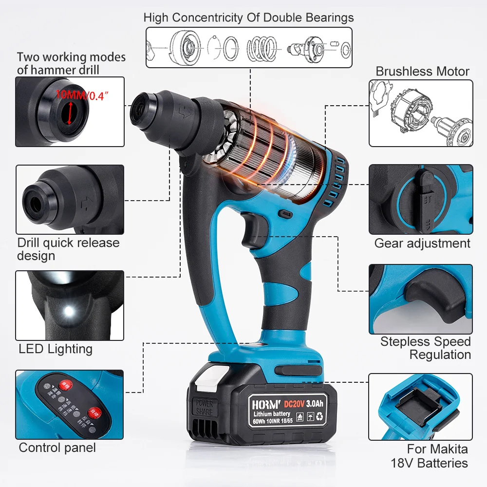 Brushless Cordless Electric Drill Rotary Hammer 4 Modes Drill Demolition Hammer Rechargeable Power Tool for Makita 18V Battery