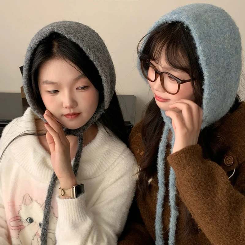 Korean Style Cute Multi-Purpose Lamb Wool Lace-up Scarf Earmuffs Female Warm All-Matching Face-Looking Small Earmuffs Hat Scarf
