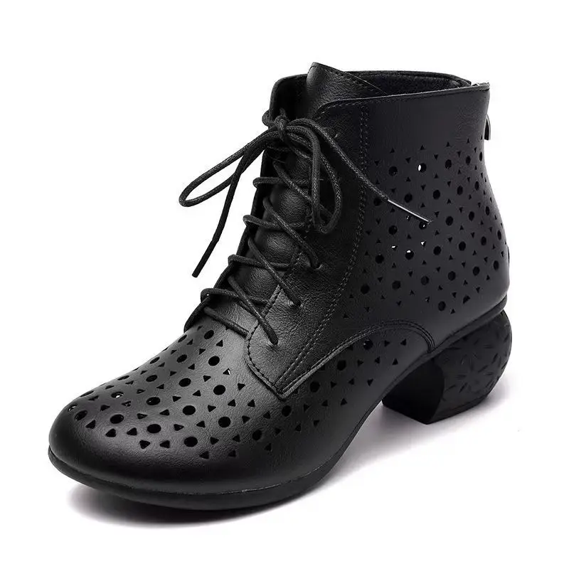 Women's Leather Hollow Out Ankle Boots Spring Summer New Round Toe High Top Lace Up Block Heel Cool Boots Big Size Dance Boot
