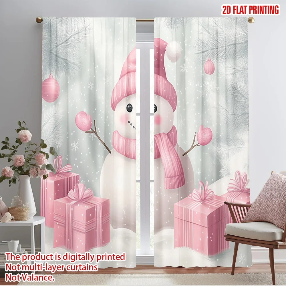 2pcs,2D plane printing Curtains Digital Printed Cute Snowman Pink Gifts Versatile Durable Polyester (without rod) Decorations