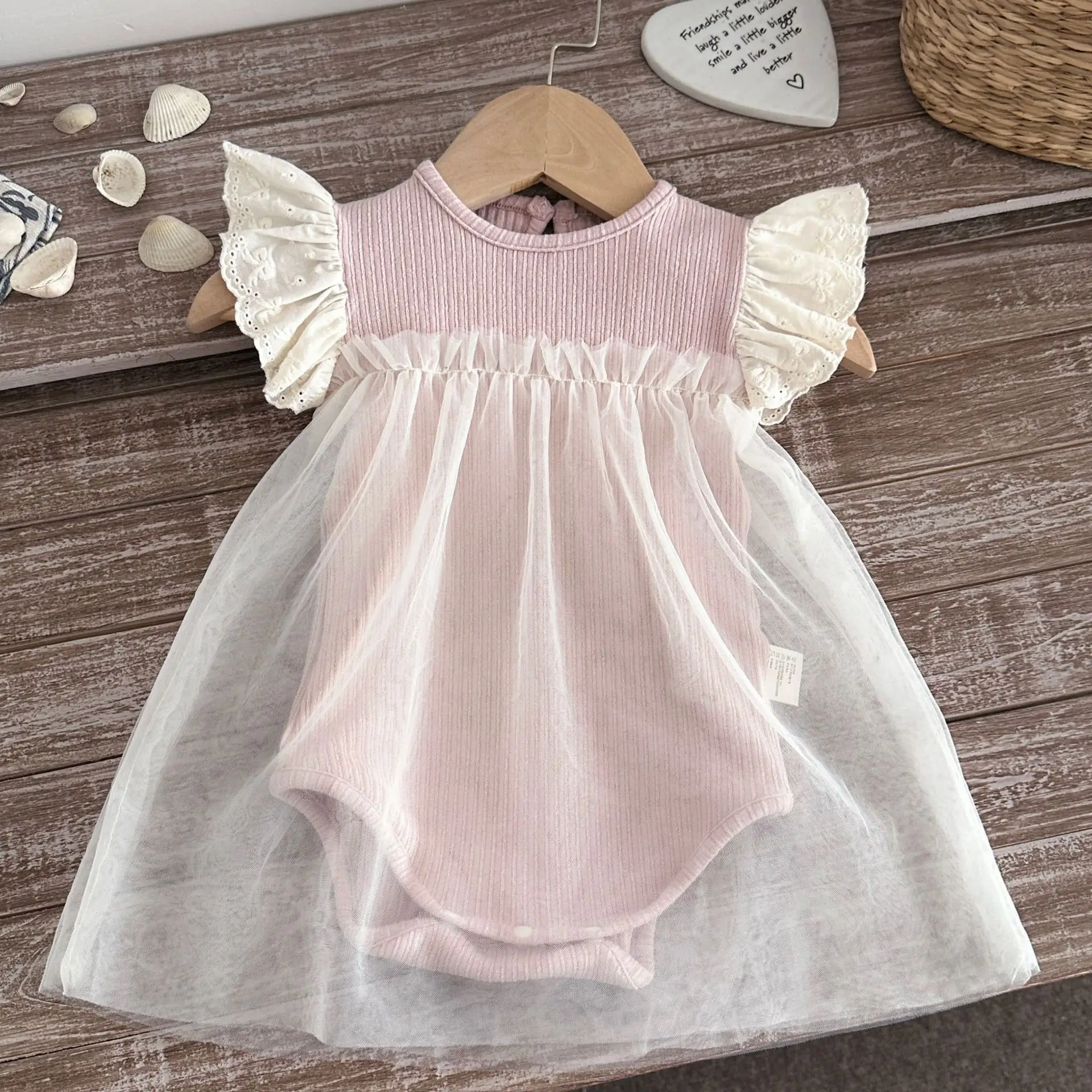 2026年夏新作ベビーガールフライスリーブメッシュボディスーツ幼児女児コットン-プリンセスジャンプスーツキュート幼児メッシュドレス