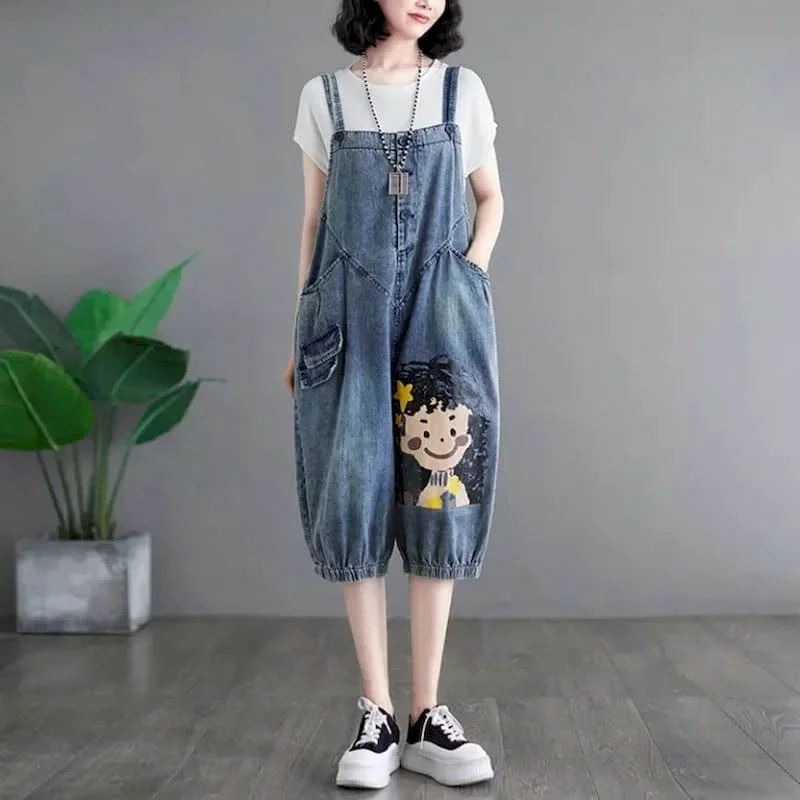 Macacões jeans estilo coreano dos desenhos animados impresso uma peça roupa casual solta roupas de verão para mulheres cintura alta jeans cortados