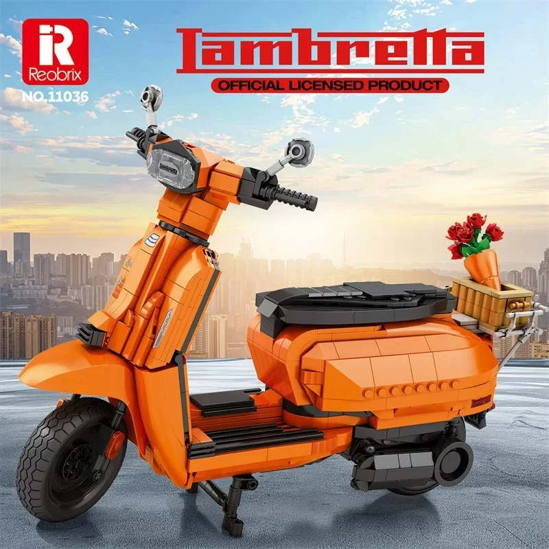 

Reobrix Lambretta V200 Official Licensed Scooter Building Blocks Set 1169 PCS Orange Retro Moped Model Kit for Adults And Teens