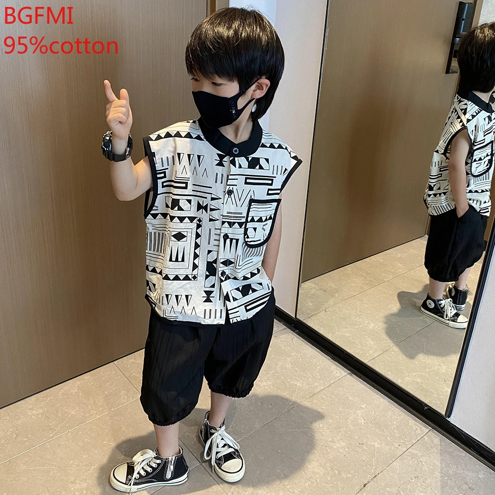 80-120cm Boys Summer Set 2023 New Baby Thin Tank Top Handsome Printed Cotton Casual Sports Two Piece Set Cool Children\'s Outfits