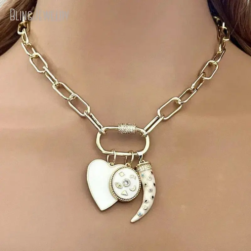 

10pcs Gold Color Stainless Steel Chain Necklace Carabiner Screw Clasp Rhinestone Charms White Heart Tusk Collare Custom Jewelry