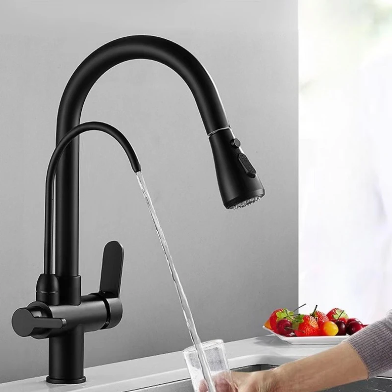 Keran Dapur Komersial dengan Fungsi Ganda Penyemprot Pull Down, Keran Pemurni Filter Air 3 in 1, Keran Pencampur dengan Selang
