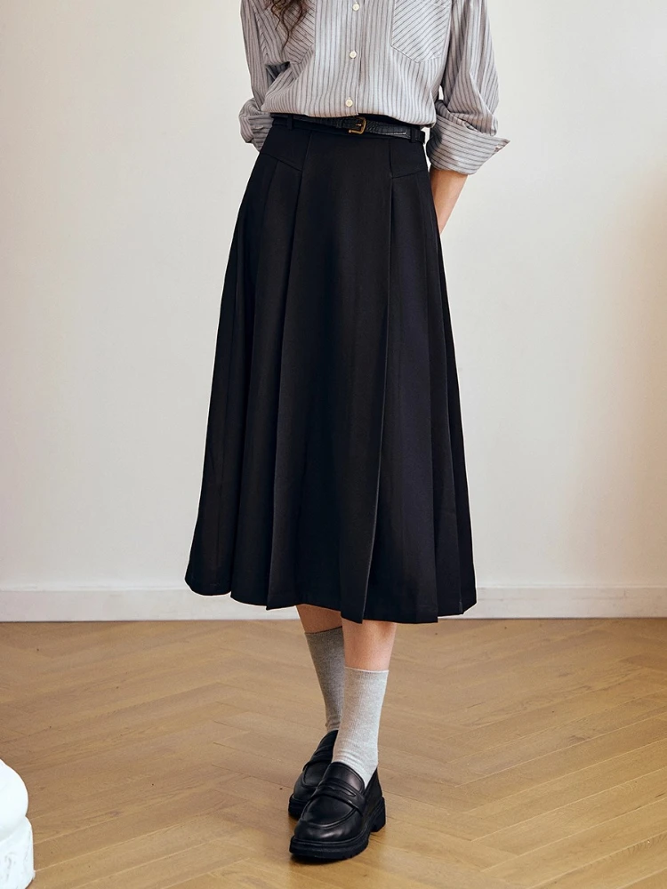 OLrain jupe Midi plissée femmes solide taille haute a-ligne jupe à glissière cachée 2025 automne élégant femme bas O57QB000209