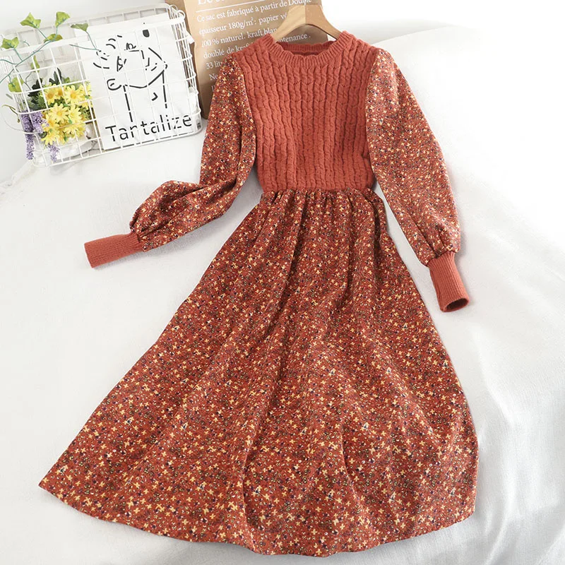 Autumn Winter Women\'s Knitted Dress New Long Sleeve Corduroy Floral Dress Female Elegant Sweater A-line Long Belt Warm Veatidos