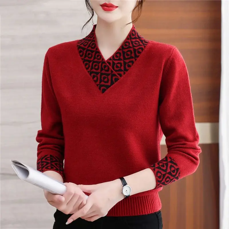 Korean Fashion Panelled Knit Sweaters All-match Women Clothing Long Sleeve V-Neck Spring Autumn Bottoming Loose Casual Pullovers