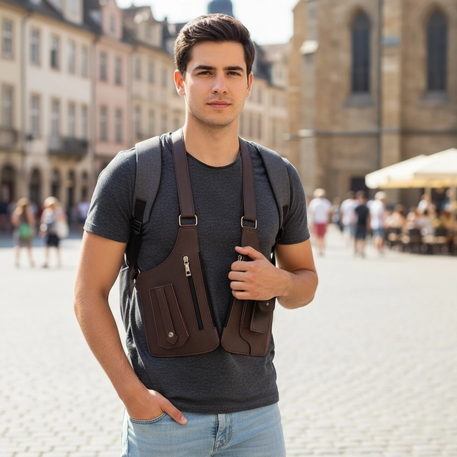 

PU Leather Double Shoulder Armpit Bag Multi-Pocket Underarm Strap Wallet Pocket Holster Bags for Men Women Travel Outdoors