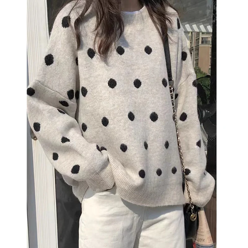 wave point thickened round neck pure woolen sweater woman autumn winter lazy loose cashmere knit sweater bottom sweater jacket