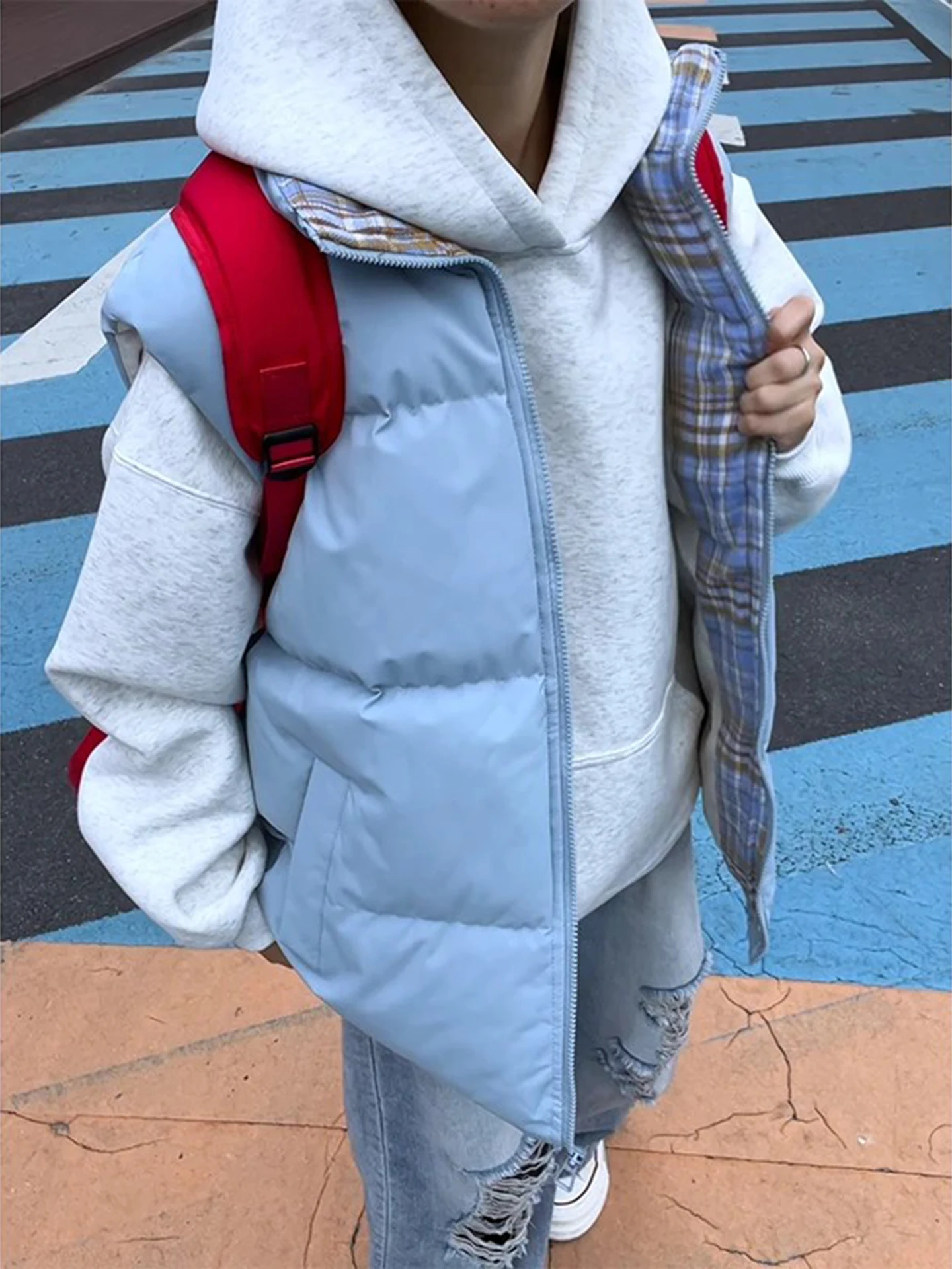 

Blue Plaid Patchwork down Vest Men's ort Sle Stand Collar Cotton Jaet Youth Couple's Vest Outerwear Casual Faion