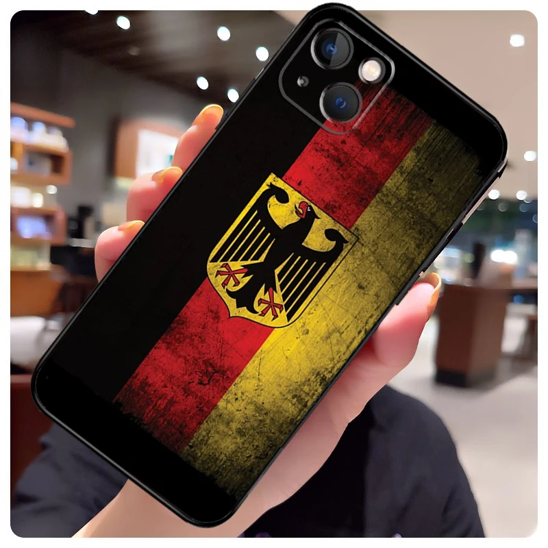 جراب شعار علم ألمانيا لـ iPhone ، غطاء خلفي لـ iPhone 16 و 13 و 14 و 11 و 12 و 15 Pro Max و X و XR و XS Max Plus و 14 Plus