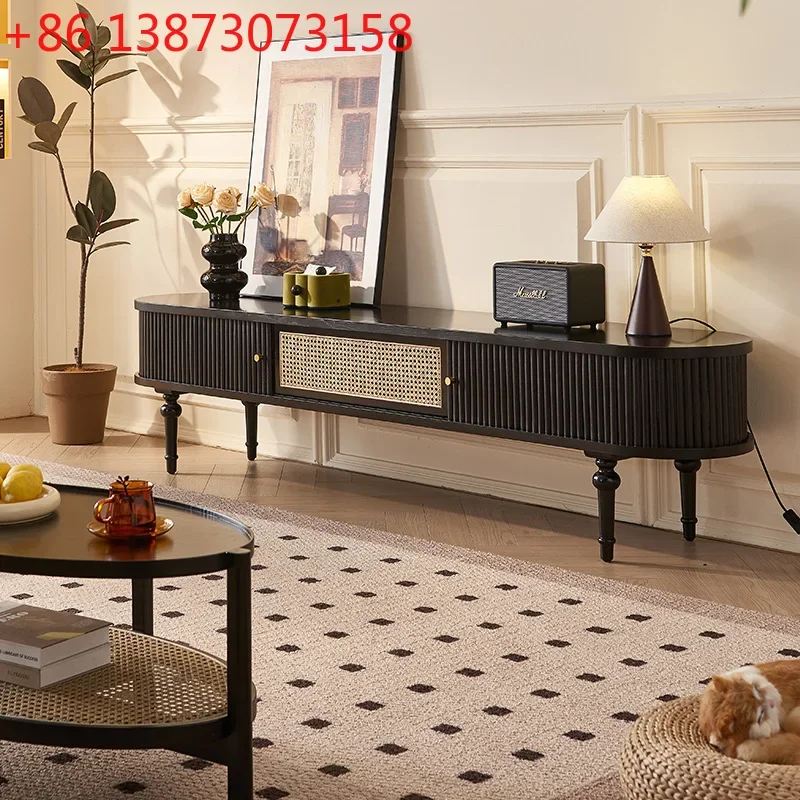 New solid wood TV cabinet rattan living room small apartment Nordic high leg creative slide rail cabinet door storage cabinet