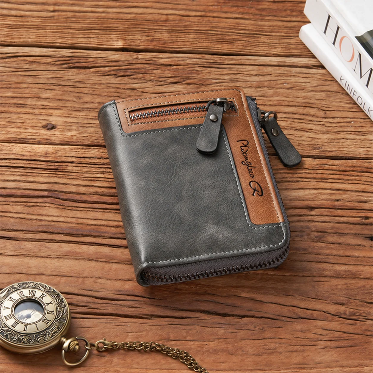 Zipper Wallet Two Tone Spliced Bifold Wallet Men'S Coin Wallet Multi Functional For Daily Use Daily Commuting Business Work